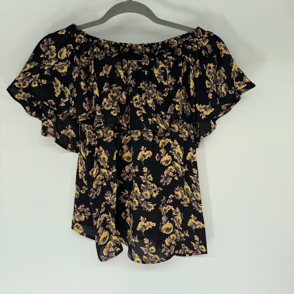 Blue Life Floral Off-The-Shoulder Top Women's Size XS Black Yellow Ruffle Sleeve